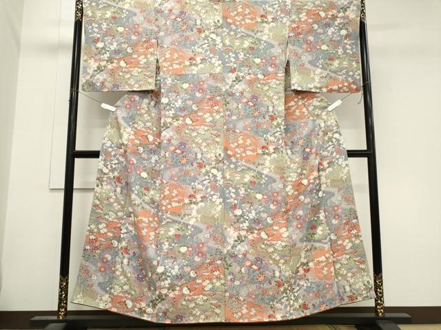 平和屋着物■上質な小紋 流水草花文 たたき染め 正絹 逸品 未使用 CABH0853ou