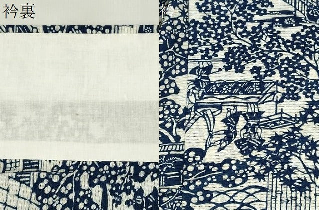 平和屋着物*夏物 浴衣・小紋兼用 綿絽 藍 型染め 人物風景文 綿 逸品 CABH0928ou