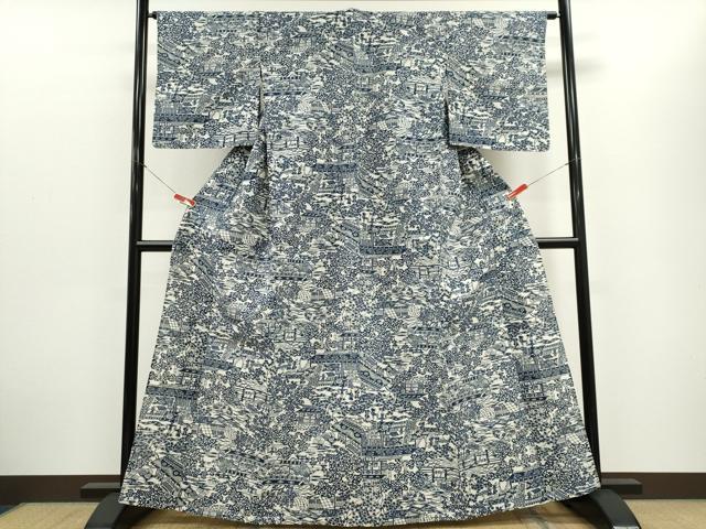平和屋着物*夏物 浴衣・小紋兼用 綿絽 藍 型染め 人物風景文 綿 逸品 CABH0928ou