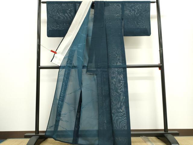 平和屋着物*夏物 色無地 舞葉紋紗 青藍色 正絹 逸品 CABH0929ou