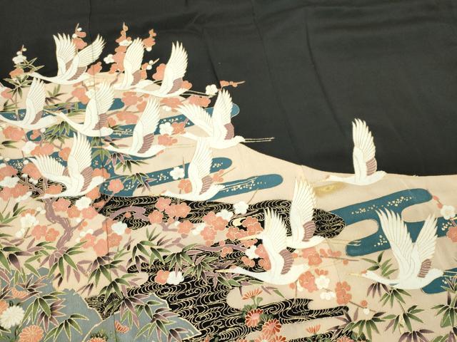 平和屋着物■豪華黒留袖 飛鶴流水花文 正絹 逸品 CABH1108ou