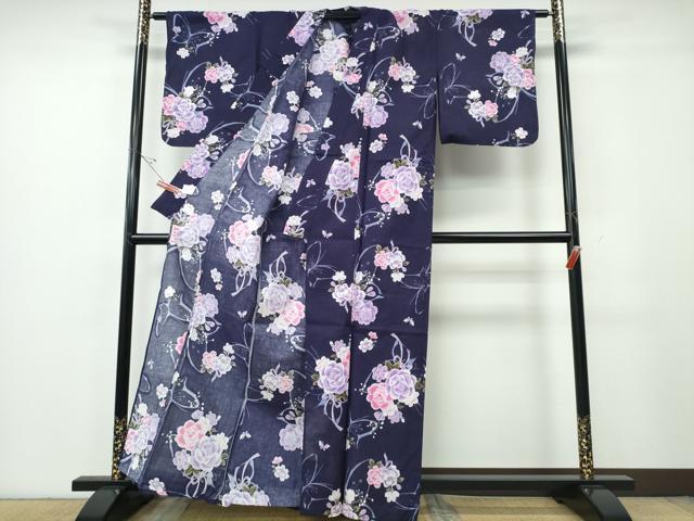 平和屋着物∴夏物 浴衣 舞蝶シルエット 花束文 綿 逸品 CABH1204ng