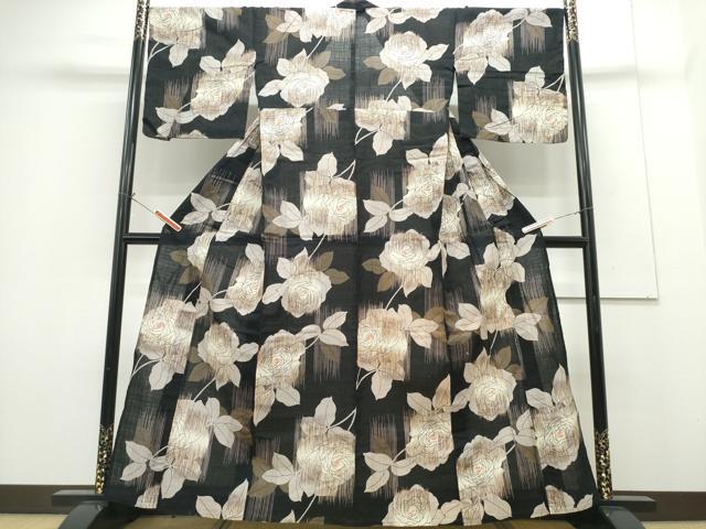 平和屋着物∴夏物 浴衣 コシノジュンコ JUNKO KOSHINO 薔薇 黒地 綿 逸品 CABH1215ng