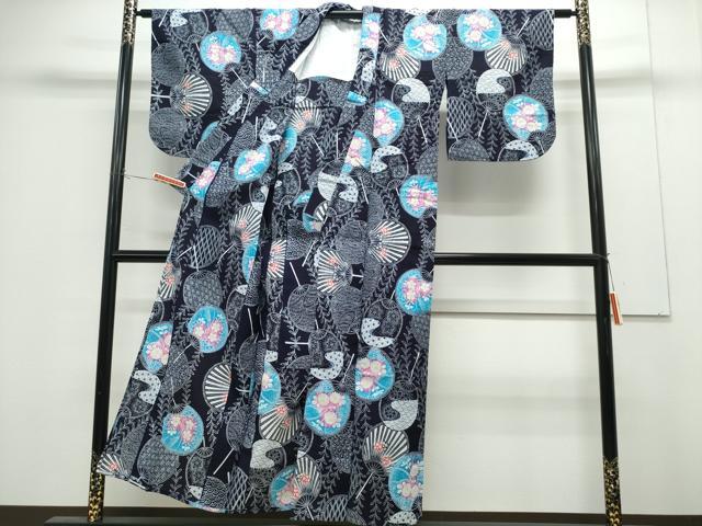 平和屋着物∴夏物 浴衣 注染 手縫い 団扇吉祥花文 日本製 綿 逸品 CABH1225ng