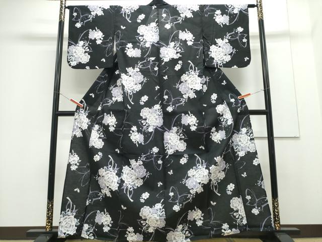 平和屋着物∴夏物 浴衣 花束舞蝶文 黒地 綿 逸品 CABH1228ng