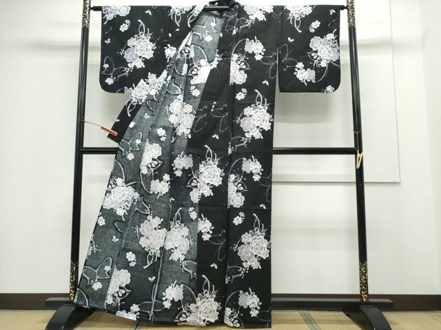 平和屋着物∴夏物 浴衣 花束舞蝶文 黒地 綿 逸品 CABH1228ng