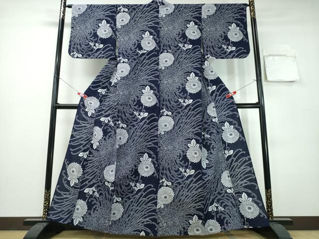 平和屋着物∴夏物 浴衣 藍 注染 手染め 手縫い 乱菊 日本製 綿 逸品 CABH1248ng
