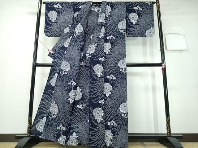 平和屋着物∴夏物 浴衣 藍 注染 手染め 手縫い 乱菊 日本製 綿 逸品 CABH1248ng