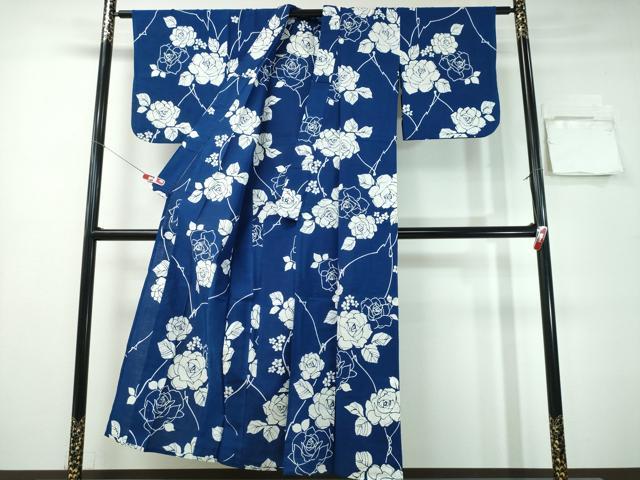 平和屋着物∴夏物 浴衣 藍 注染 手染め 手縫い 薔薇 日本製 綿 逸品 CABH1249ng