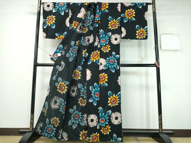 平和屋着物∴夏物 浴衣 向日葵 黒地 綿 逸品 CABH1252ng