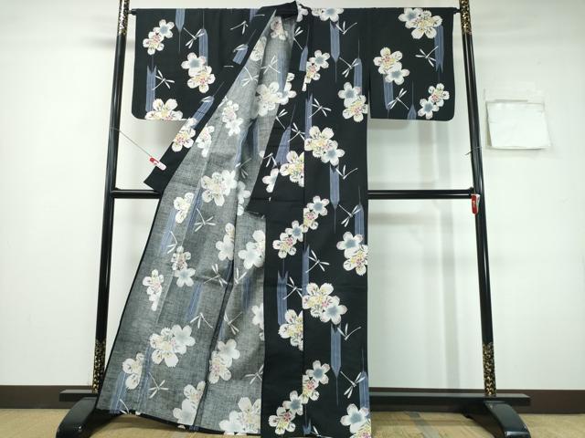 平和屋着物∴夏物 浴衣 トンボ 蜻蛉 撫子 黒地 綿 逸品 CABH1270ng