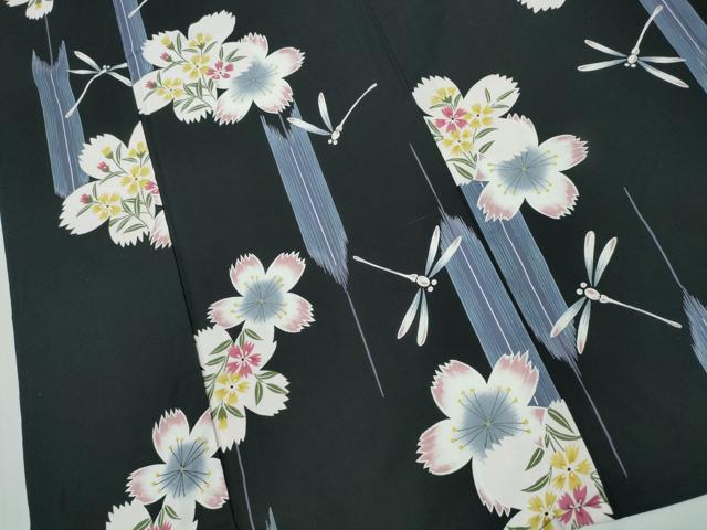 平和屋着物∴夏物 浴衣 トンボ 蜻蛉 撫子 黒地 綿 逸品 CABH1270ng