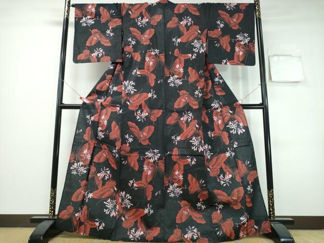 平和屋着物∴夏物 浴衣 綿紅梅 舞蝶花文 ラメ糸 黒地 綿 逸品 CABH1273ng