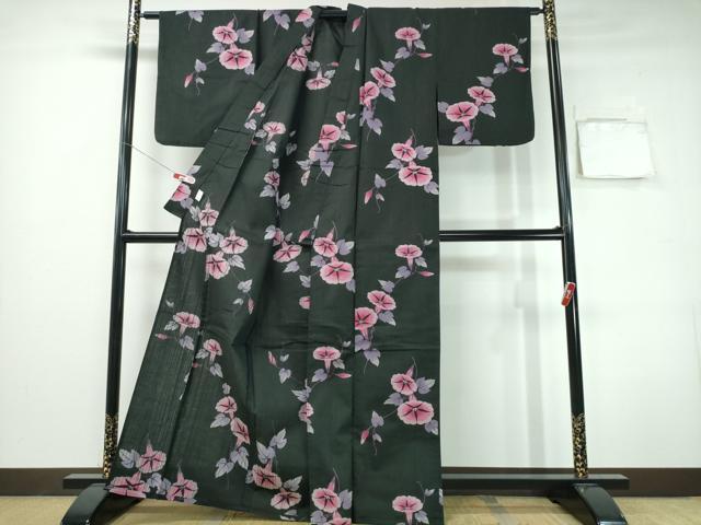 平和屋着物∴夏物 浴衣 朝顔 黒地 綿 逸品 CABH1274ng