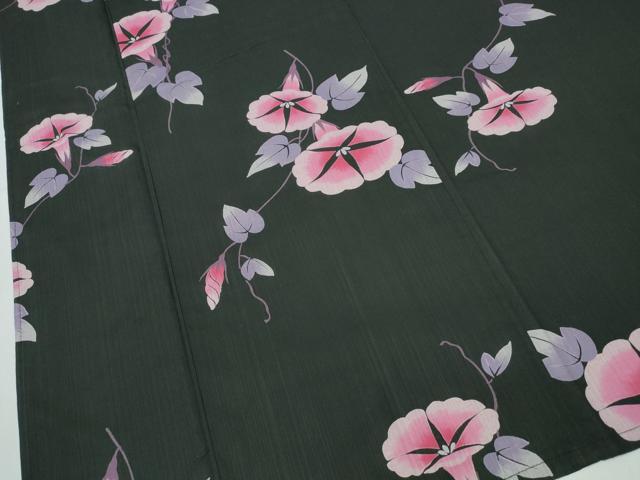 平和屋着物∴夏物 浴衣 朝顔 黒地 綿 逸品 CABH1274ng