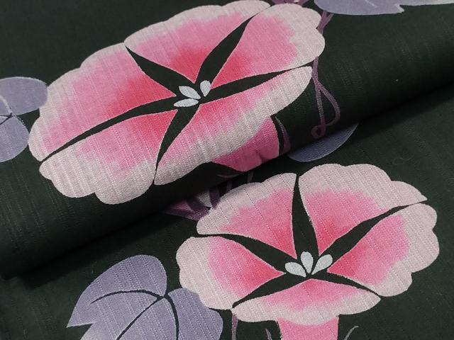 平和屋着物∴夏物 浴衣 朝顔 黒地 綿 逸品 CABH1274ng