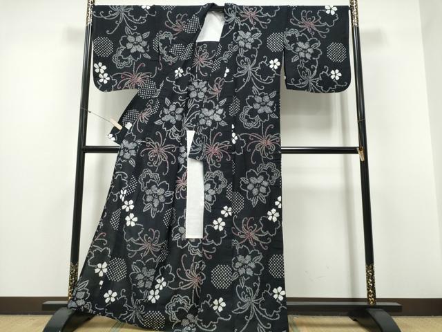 平和屋着物∴夏物 浴衣 有松鳴海絞り 乱菊 舞花文 黒地 綿 逸品 CABH1285ng