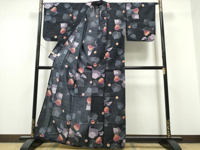 平和屋着物∴夏物 浴衣 枝葉文 黒地 綿 逸品 CABH1302ng