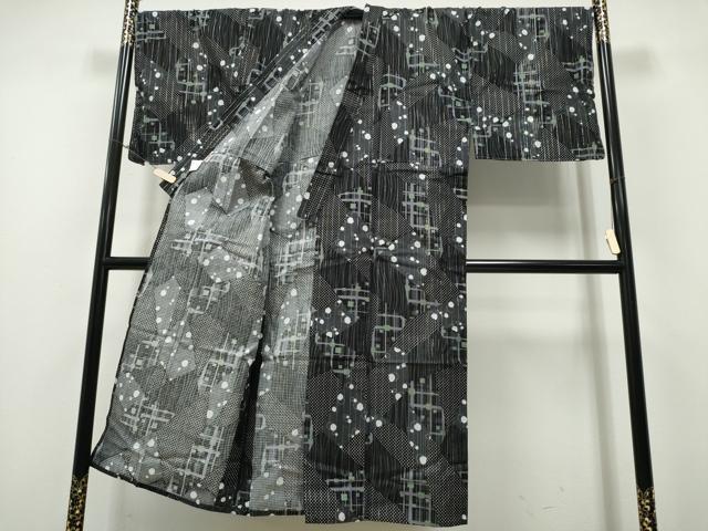 平和屋着物∴夏物 男性 リョウコキクチ Ryoko Kikuchi 浴衣 綿紅梅 切嵌吉祥文 黒地 ラメ糸 綿 逸品 未使用 CABH1307ng