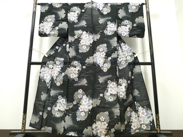 平和屋着物∴夏物 浴衣 芝草雪輪梅文 黒地 綿 逸品 CABH1309ng