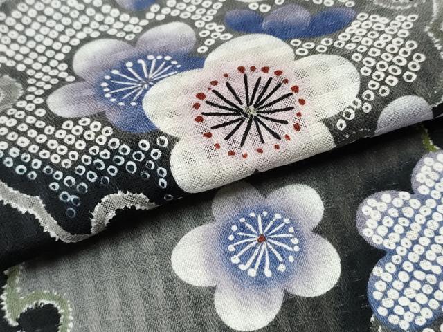 平和屋着物∴夏物 浴衣 芝草雪輪梅文 黒地 綿 逸品 CABH1309ng