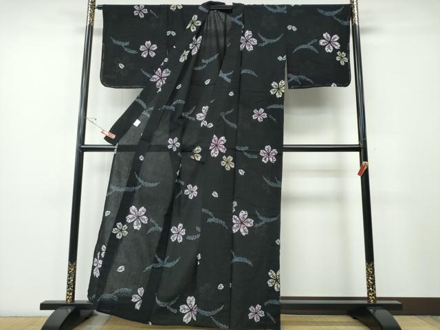 平和屋着物∴夏物 浴衣 有松鳴海絞り 芝草舞桜 黒地 綿 逸品 未使用 CABH1337ng
