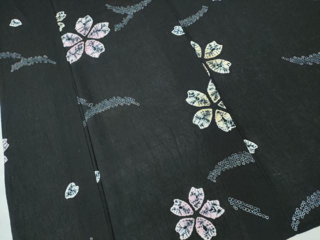 平和屋着物∴夏物 浴衣 有松鳴海絞り 芝草舞桜 黒地 綿 逸品 未使用 CABH1337ng