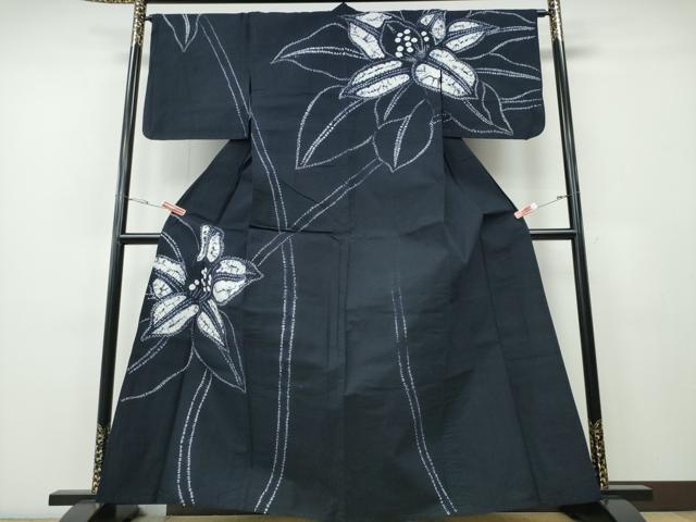 平和屋着物∴夏物 浴衣 有松鳴海絞り 訪問着 百合 ゆり 濃紺地 綿 逸品 CABH1340ng