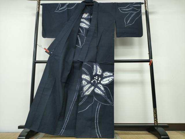 平和屋着物∴夏物 浴衣 有松鳴海絞り 訪問着 百合 ゆり 濃紺地 綿 逸品 CABH1340ng