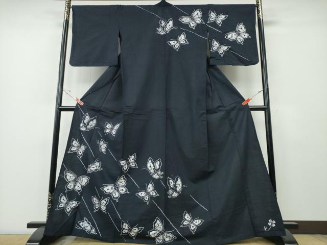 平和屋着物∴夏物 浴衣 有松鳴海絞り 訪問着 舞蝶文 濃紺地 綿 逸品 CABH1341ng