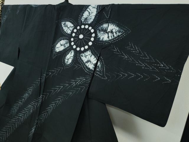 平和屋着物∴夏物 浴衣 有松鳴海絞り 訪問着 舞花枝松 黒地 綿 逸品 CABH1342ng