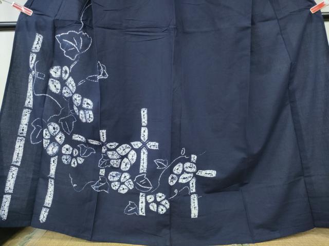 平和屋着物∴夏物 浴衣 有松鳴海絞り 訪問着 朝顔 竹垣文 濃藍色 綿 逸品 CABH1344ng