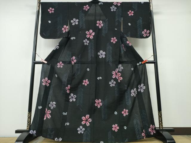 平和屋着物∴夏物 浴衣 有松鳴海絞り 舞桜 黒地 綿 逸品 未使用 CABH1345ng