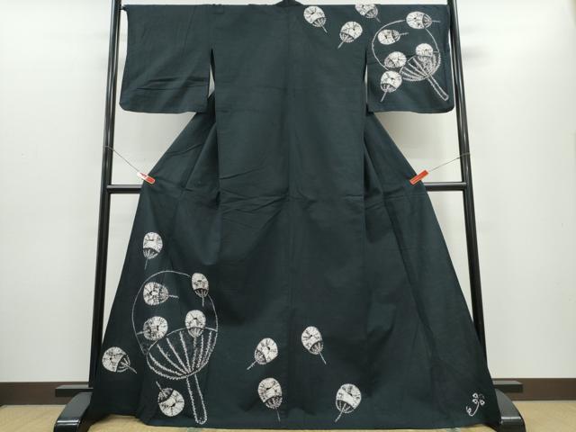 平和屋着物∴夏物 浴衣 訪問着 有松鳴海絞り 団扇吉祥文 黒地 綿 逸品 CABH1391ng