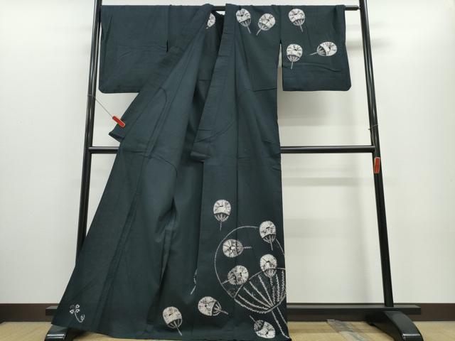 平和屋着物∴夏物 浴衣 訪問着 有松鳴海絞り 団扇吉祥文 黒地 綿 逸品 CABH1391ng