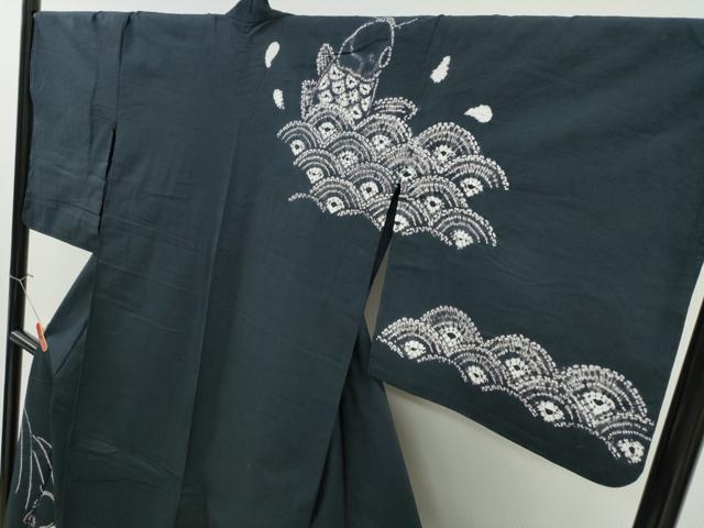平和屋着物∴夏物 浴衣 訪問着 有松鳴海絞り 鯉の滝登り 黒地 綿 逸品 CABH1393ng