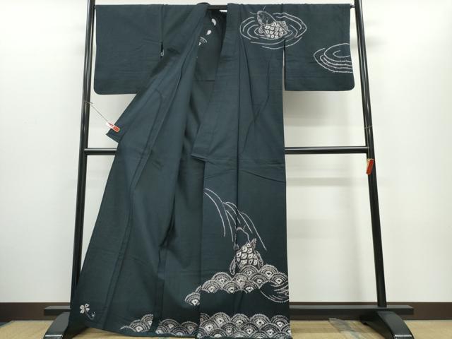 平和屋着物∴夏物 浴衣 訪問着 有松鳴海絞り 鯉の滝登り 黒地 綿 逸品 CABH1393ng