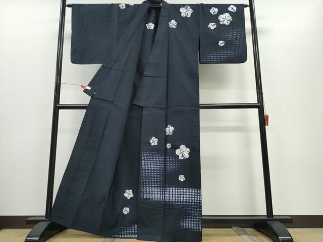 平和屋着物∴夏物 浴衣 訪問着 有松鳴海絞り 霞舞花文 濃紺地 綿 逸品 CABH1394ng