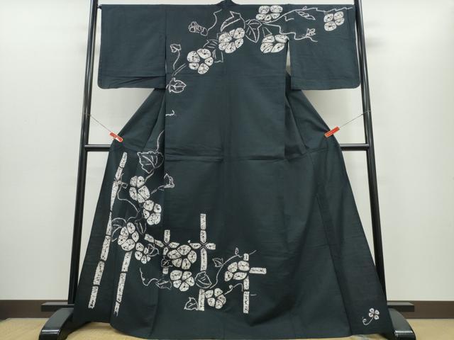 平和屋着物∴夏物 浴衣 訪問着 有松鳴海絞り 朝顔 竹垣文 黒地 綿 逸品 CABH1397ng