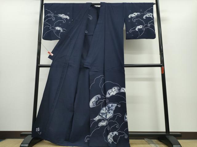 平和屋着物∴夏物 浴衣 訪問着 有松鳴海絞り 立波文 濃藍色 綿 逸品 CABH1398ng