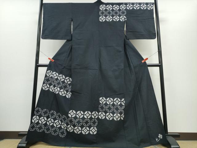 平和屋着物∴夏物 浴衣 訪問着 有松鳴海絞り 七宝文 黒地 綿 逸品 CABH1399ng