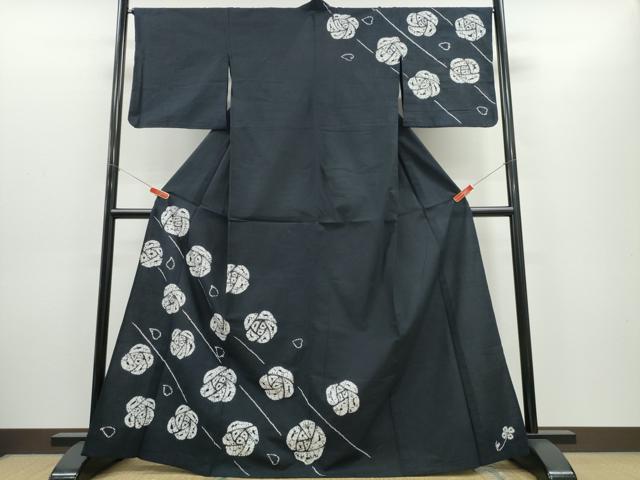 平和屋着物∴夏物 浴衣 訪問着 有松鳴海絞り 薔薇 黒地 綿 逸品 CABH1401ng