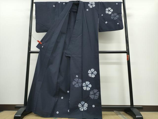 平和屋着物∴夏物 浴衣 訪問着 有松鳴海絞り 舞花文 濃紺地 綿 逸品 CABH1402ng