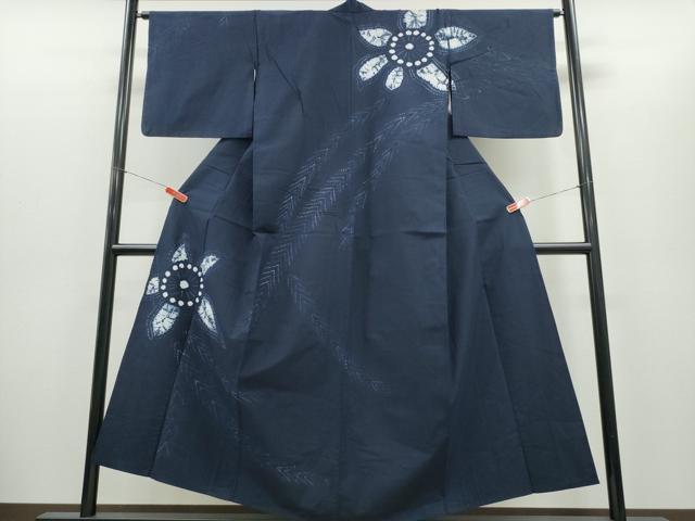 平和屋着物∴夏物 浴衣 訪問着 有松鳴海絞り 枝葉舞花文 濃紺地 綿 逸品 CABH1408ng