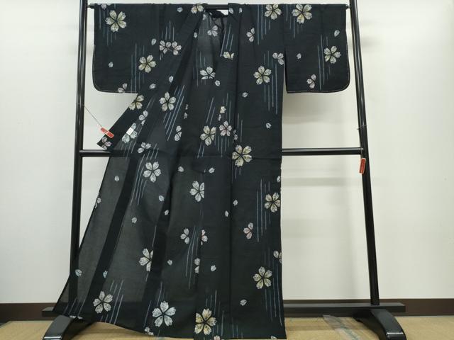 平和屋着物∴夏物 浴衣 有松鳴海絞り 舞桜 黒地 綿 逸品 未使用 CABH1416ng
