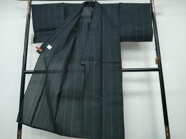 平和屋着物∴夏物 男性 阿波しじら織 浴衣・角帯・下駄セット 縞 黒地 綿 逸品 未使用 CABH1467ng