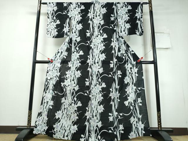 平和屋着物∴夏物 浴衣 百合 黒地 綿 逸品 CABH1482ng