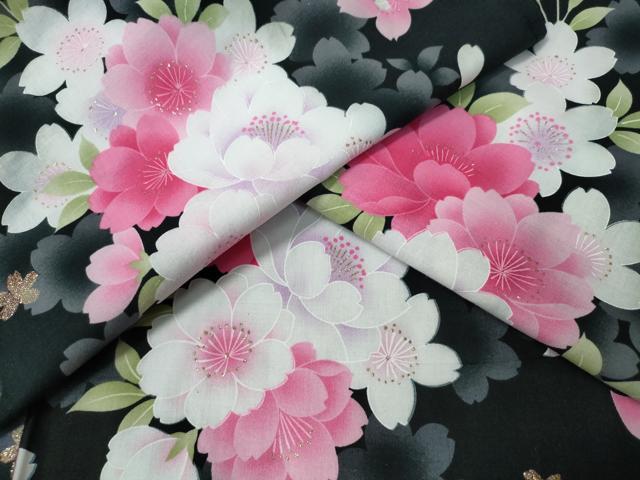 平和屋着物∴夏物 浴衣 舞桜 黒地 ラメ 綿 逸品 CABH1483ng
