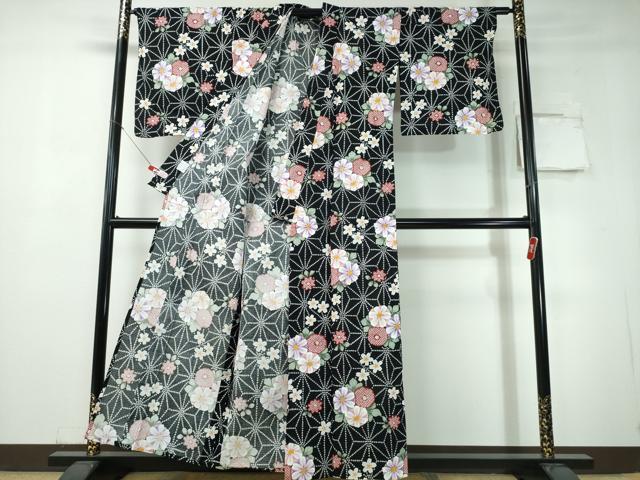 平和屋着物∴夏物 浴衣 綿紅梅 舞花文 麻の葉文様 黒地 ラメ 綿 逸品 CABH1485ng