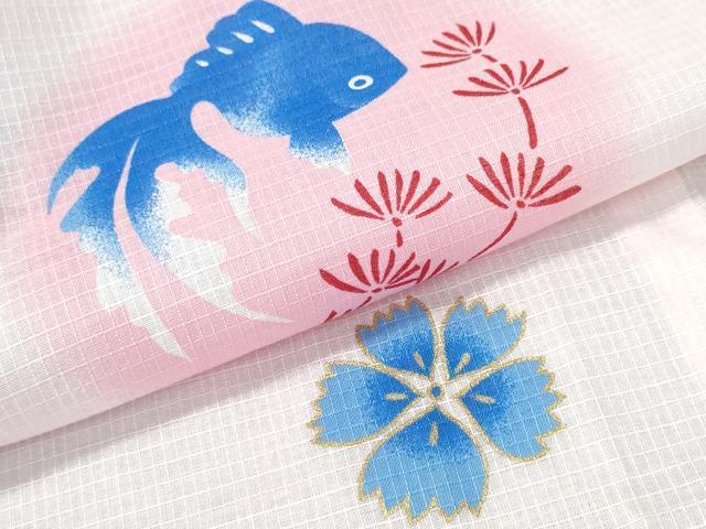 平和屋着物∴夏物 浴衣 綿紅梅 金魚 舞花文 金彩 綿 逸品 未使用 CABH1534ng